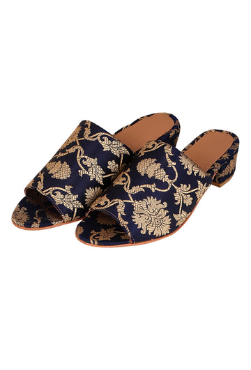 Black Brocade Block Heels